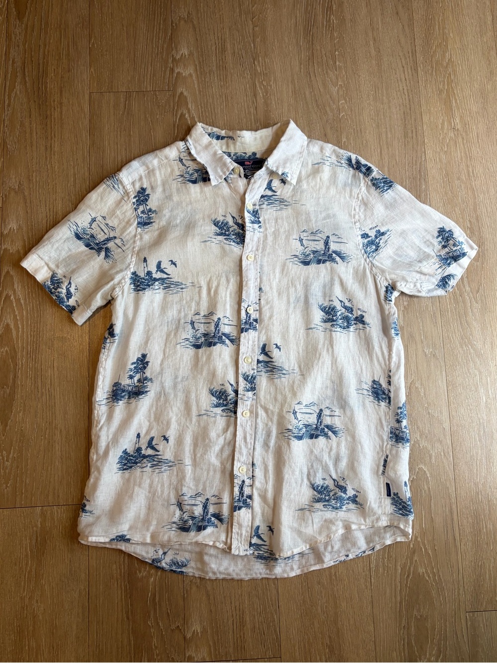 Vineyard Vines 100% Linen Short-Sleeve Shirt w/ Blue Bird & Fishing Print